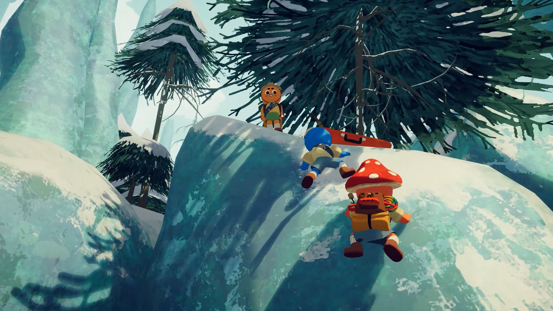 A screenshot from Peak, showing two players climbing an icy mountain to reach a third standing triumphantly.