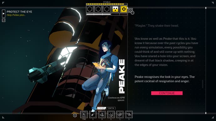 An image from Citizen Sleeper of a person leant up against a wall, a text box to the side, and a spaceship in the background.