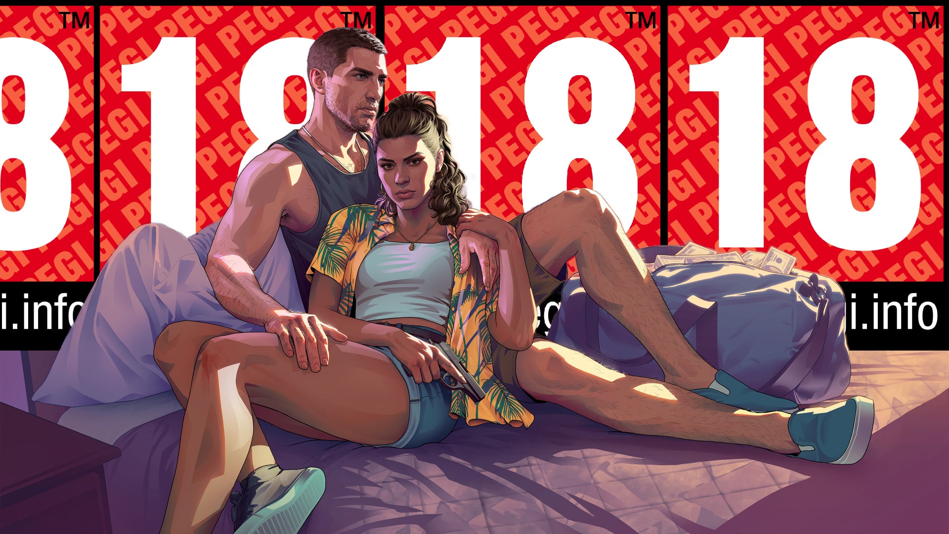 Grand Theft Auto 6 key art showing the Latino dual protagonists Lucia and Jason lounging on a bed together, next to a bag full of cash. Layered into the background is what looks like a wall of PEGI 18 rating logos.