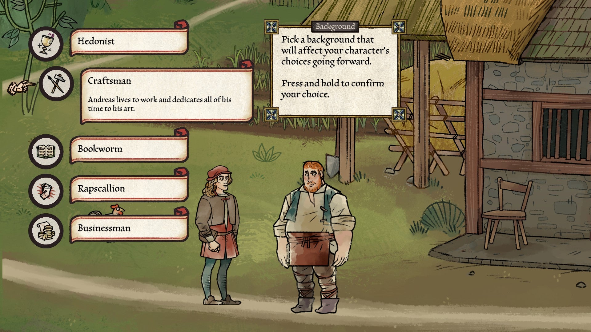 Andreas talking to one of the townspeople in Pentiment