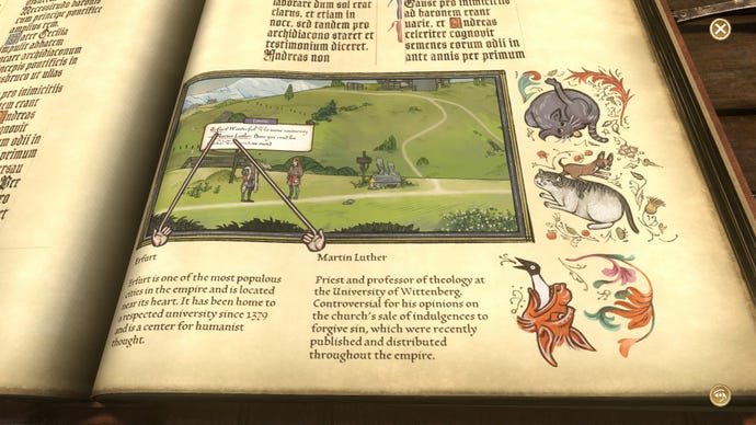 A pause menu in pentiment, when the screen becomes an image in an illuminated book and characters are pointed out and have their names and personality briefly explained
