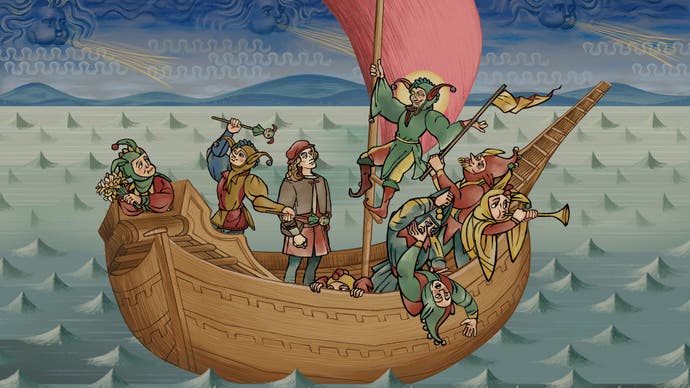 Various characters crammed into a tiny boat in Pentiment