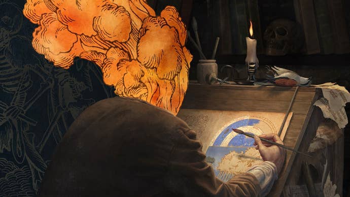 Pentiment cover art. A figure sits hunched over a middle-ages drawing board, but where their head should be, there’s a great plume of orange, illustrative smoke instead.