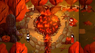 Paper Trail official screenshot showing thre doll-like characters dotted around a central phoenix statue in the woods - a scene of paper-like texture, featuring autumn reds and burnt orange leaves.