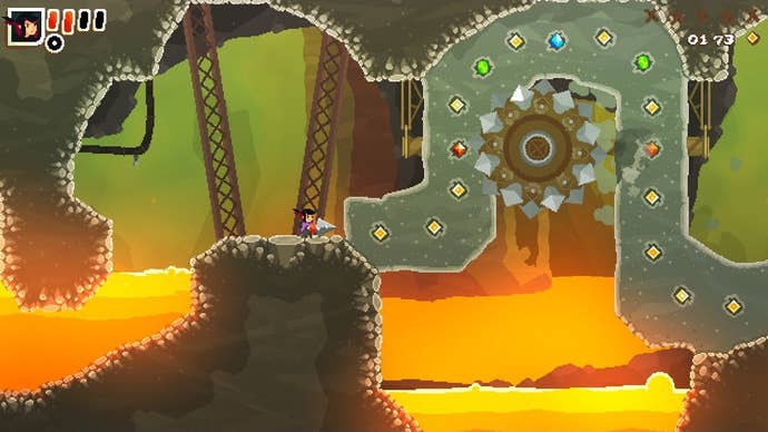 A woman with a drill stands before a magma pool with a trail of jewels in the dirt above in Pepper Grinder