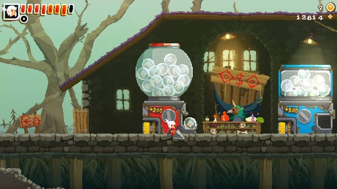 A woman uses a giant capsule machine to gain more health in Pepper Grinder