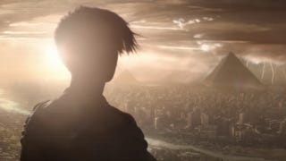 A still from the Perfect Dark reboot announcement trailer showing the silhouette of Joanna Dark staring out across a city toward a pyramid.
