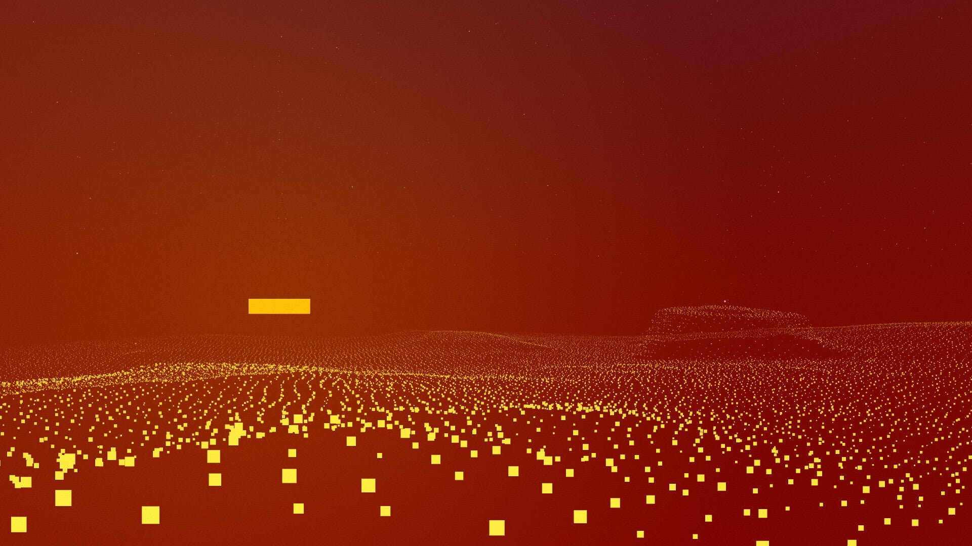 Periphery Synthetic official screenshot showing a rusty, crimson background with a wave of yellow square dots forming a kind of gently hilly landscape, and a horizontal yellow rectangle in the distance like a setting sun