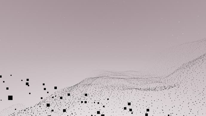 Tangkapan layar resmi Periphery Synthetic menunjukkan latar belakang abu-abu ke putih dengan gelombang titik persegi hitam di latar depan