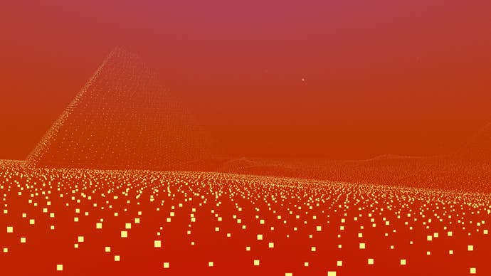 Tangkapan layar resmi Periphery Synthetic menunjukkan latar belakang oranye dengan tanah yang terbuat dari garis titik-titik persegi kuning, dan satu garis diagonal dari titik-titik tersebut menonjol ke atas di sebelah kiri