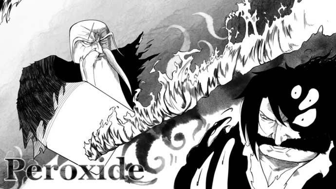 Artwork for the Roblox game Peroxide, showing a black and white image of two Robloxified characters inspired by the Bleach anime.