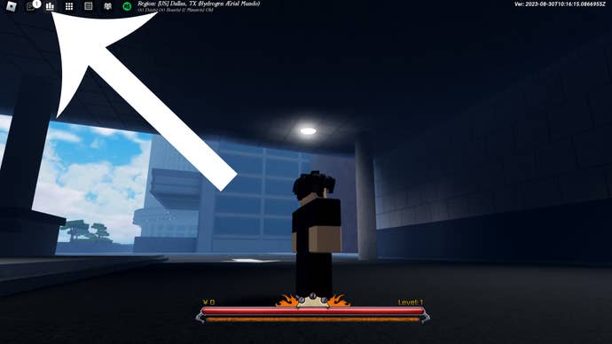 Arrow pointing at the button players need to press to head towards the codes screen in the Roblox game Peroxide.