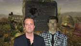 Matthew Perry next to his character, Benny, in Fallout New Vegas, and the memorial dedicated to his memory.
