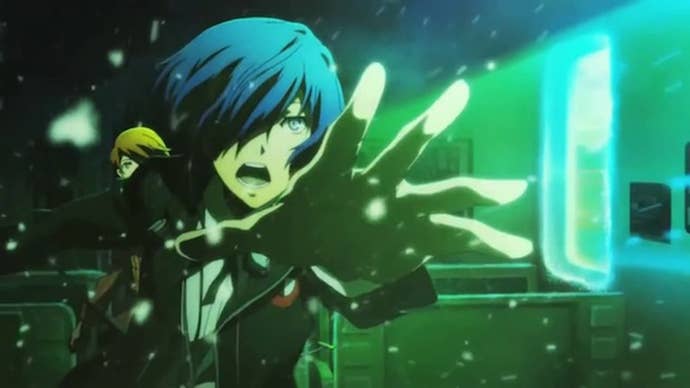 Persona 3 endings: An anime young man with blue hair in a bob cut, wearing a black blazer with a white collared shirt, is lunging forward with his hand outstretched. He's in a narrow corridor lit dimly by eerie green light