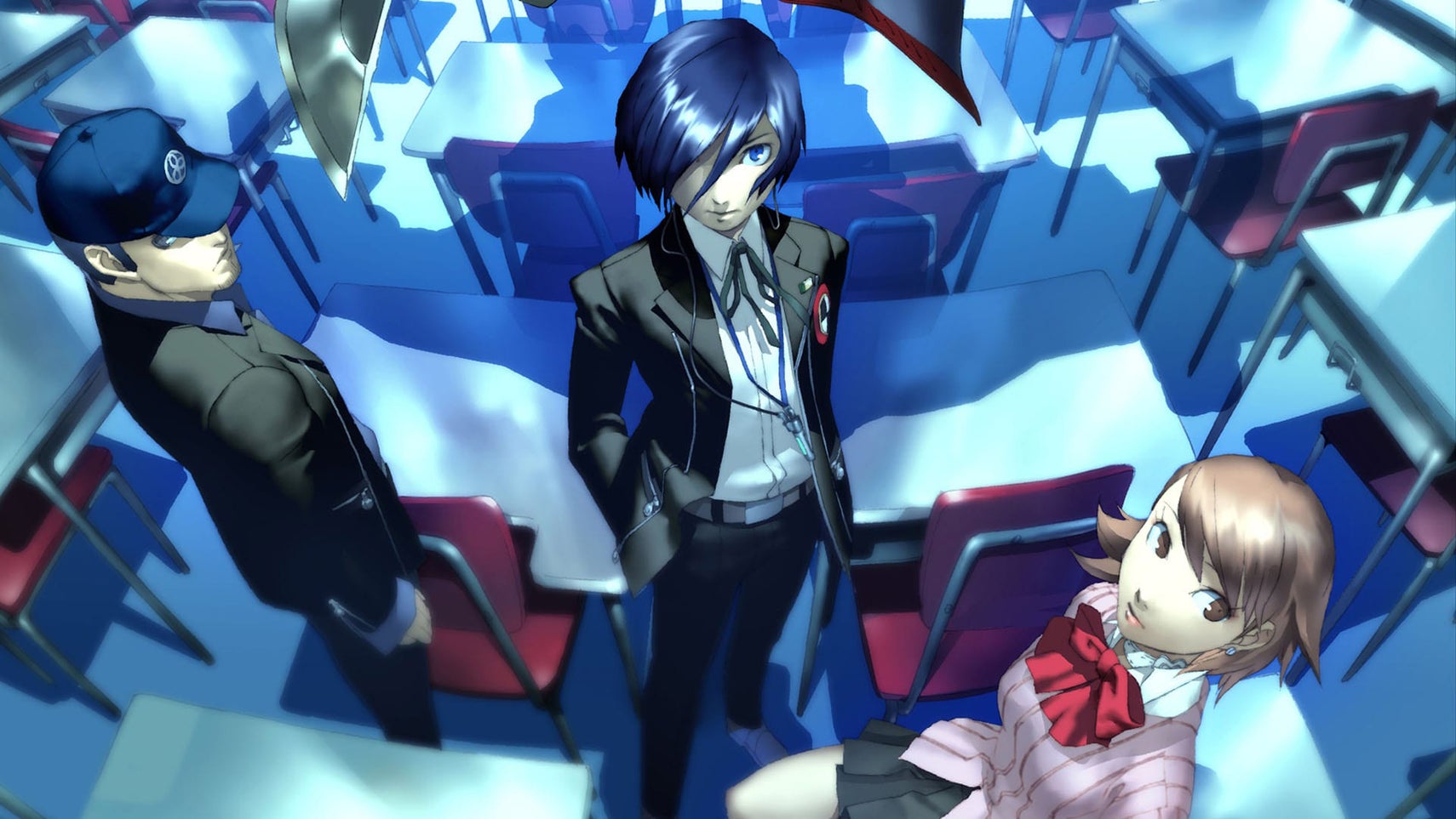 Junpei, Yukari, and the protagonist stand in a classroom in Persona 3. - 1