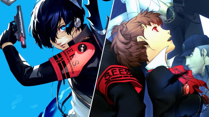 On the left, Makoto Yuki frmo Persona 3 Reload, he’s holding a pistol pointed upwards. On the right, Kotome Shiomi from Persona 3 Portable, she’s stood with her mouth open.