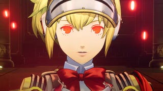 Robot character Aigis' eyes glow red as she prepares to summon a persona in Persona 3 Reload DLC The Answer