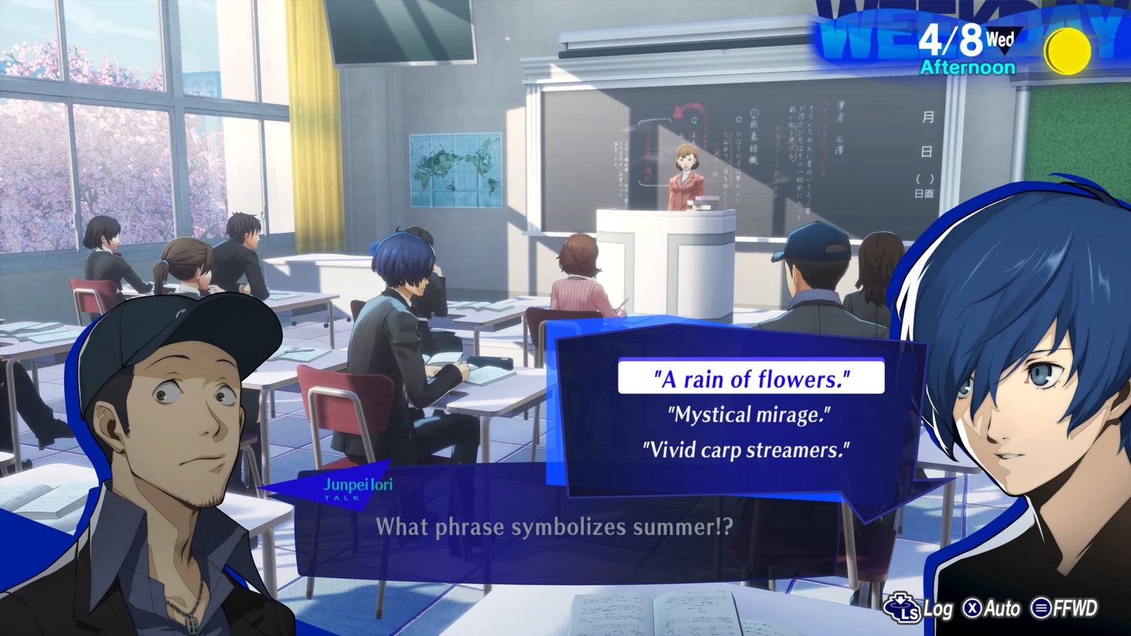 The Persona 3 protagonist and Junpei Iori chat in the middle of a school lesson. - 3