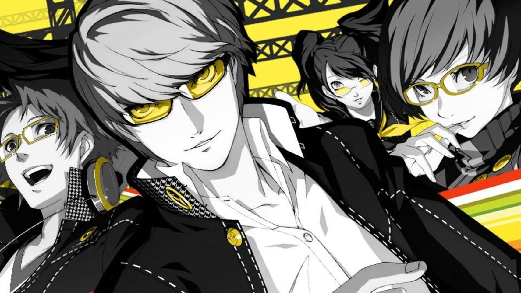 Artwork for Persona 4 showing black and white anime characters on yellow background