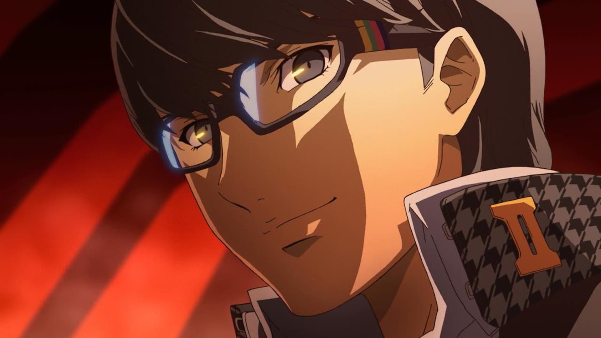 Persona 4 Golden endings: An anime young man wearing a high-collared black and white shirt and rectangular glasses is wearing an ominous smirk on his face. Behind him is a streaked red background - 3