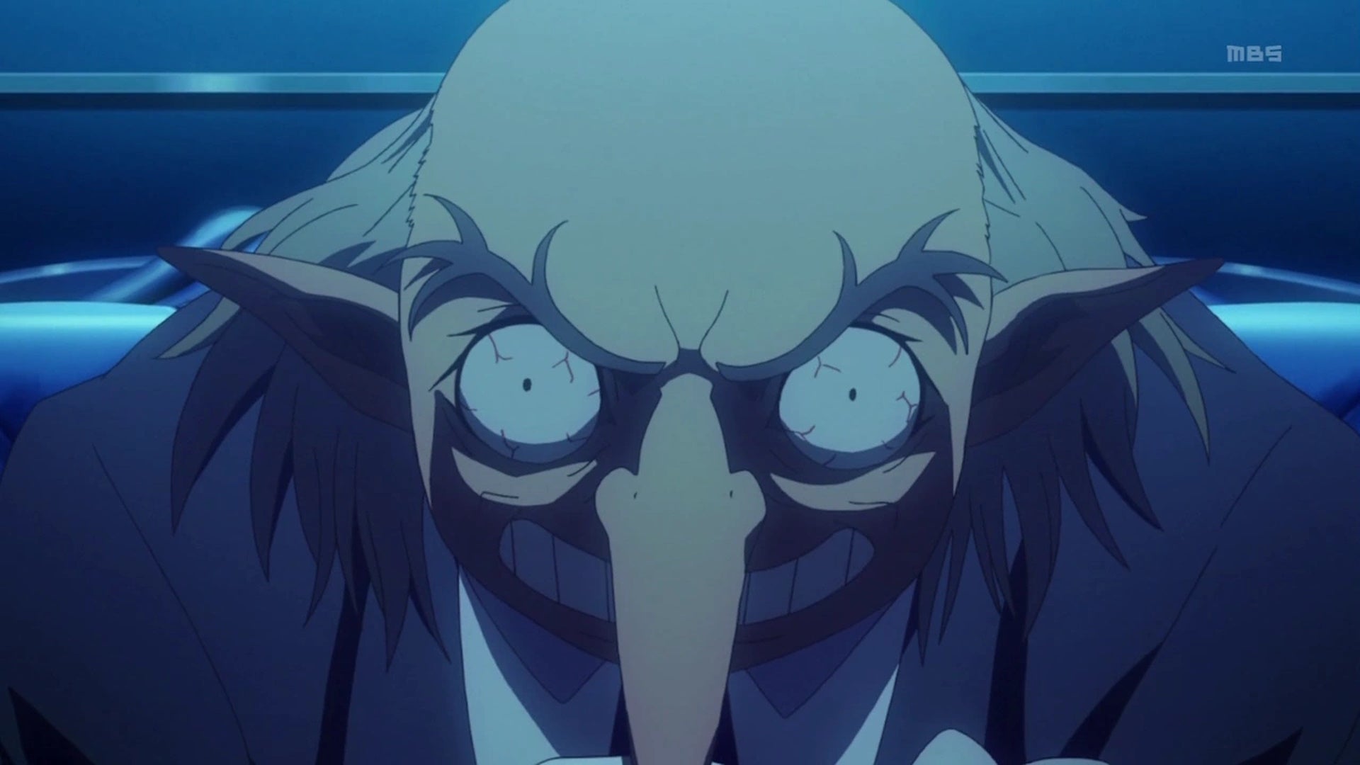 Persona 4 Golden endings: A bald anime old man with large, bloodshot eyes and a long nose is staring directly into the camera - 4