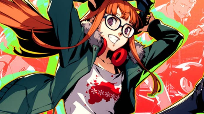 Persona 5 Royal Futaba Confidant: An anime young woman with red hair, glasses, and a green coat stands against a multicolor background