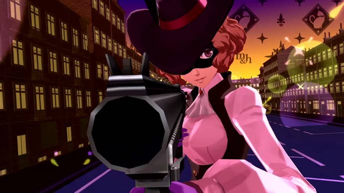 Persona 5 Royal Haru Confidant: An anime young woman in a black hat and frilly pink blouse points a gun at the camera