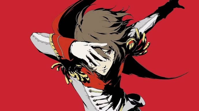 Persona 5 Royal Akechi Confidant: An anime young man wearing a white suit and red mask stands against a red background