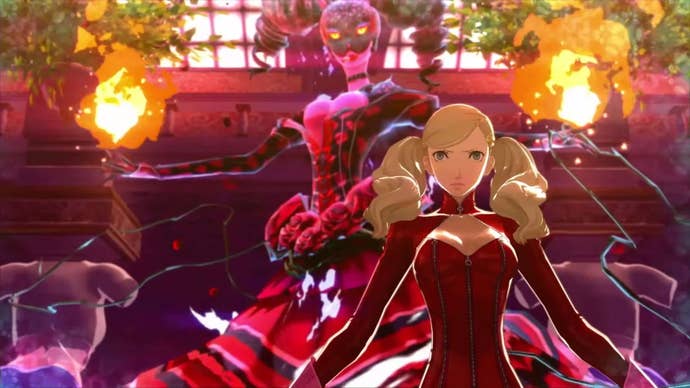 Persona 5 Ann Confidant choices: An anime girl with blonde hair and a red leather suit stands next to a large woman in a red dress