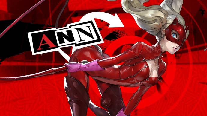 Persona 5 Ann Confidant choices: An anime girl with blonde hair and a red leather suit stands against a red background