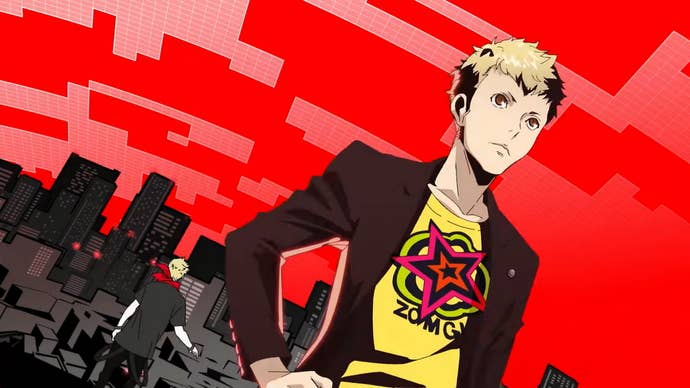 Persona 5 Royal Ryuji Confidant: An anime young man with blonde hair and a yellow shirt stands against a city outline