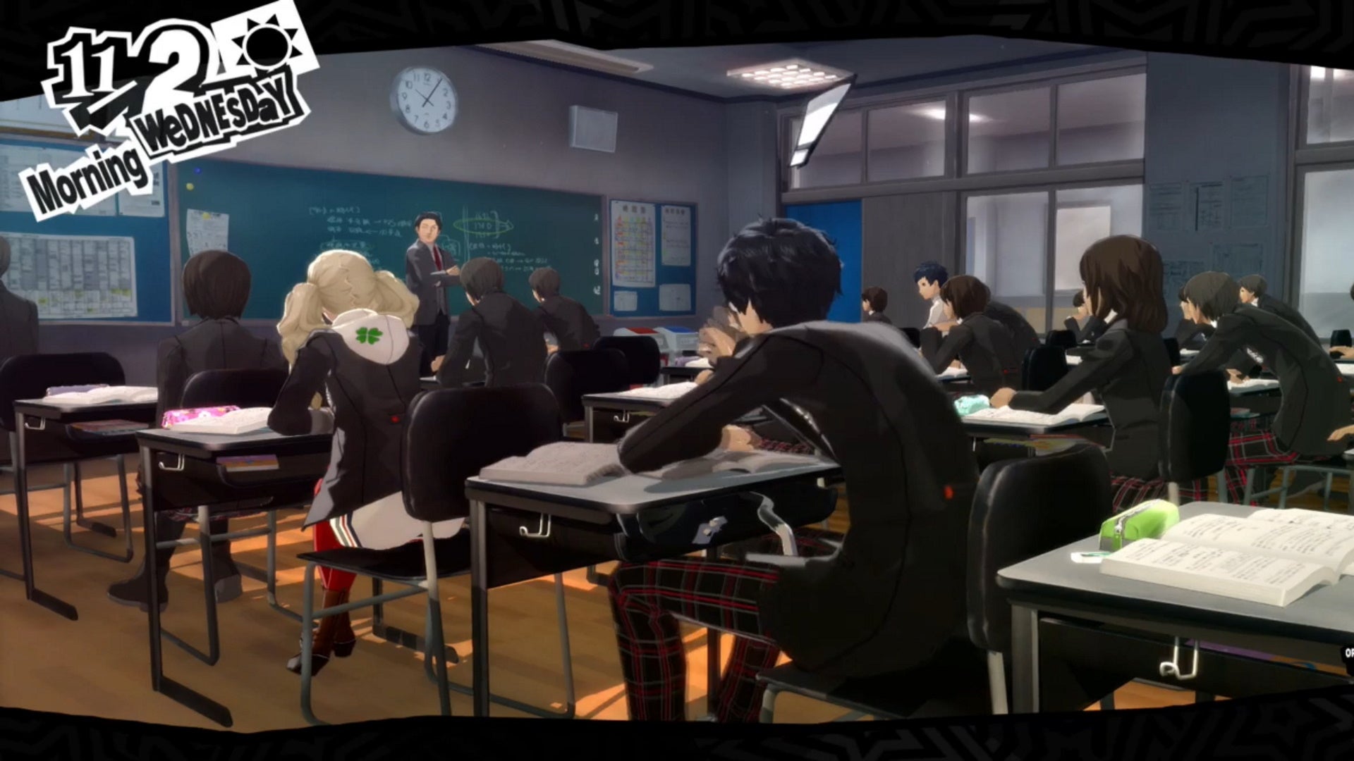 Persona 5 Royal classroom answers November: An anime teenager has an exclamation mark above his head while sitting at his desk in a classroom - 10