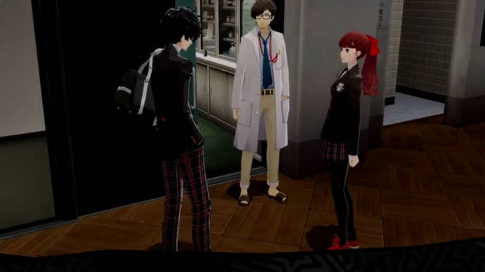 Persona 5 Royal Maruki Confidant: An anime man with brown hair and glasses is standing in a hallway with two high school students