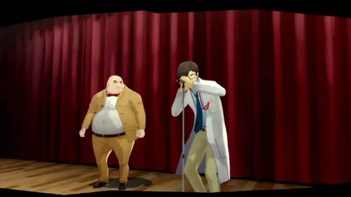Persona 5 Royal Maruki Confidant: An anime man with brown hair and glasses is holding a microphone stand on a school auditorium stage