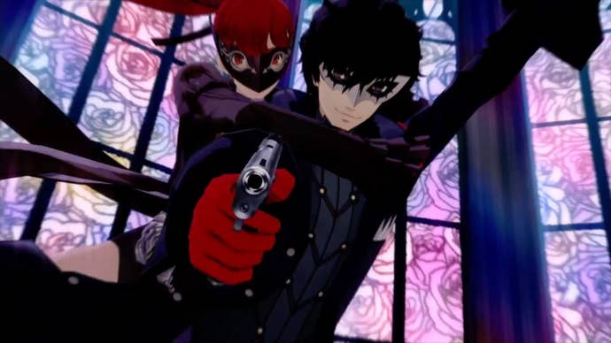 Persona 5 Royal Faith Confidant: An anime young woman with red hair holds a stylized mask in her hands holds onto an anime young man wearing a mask and pointing a gun
