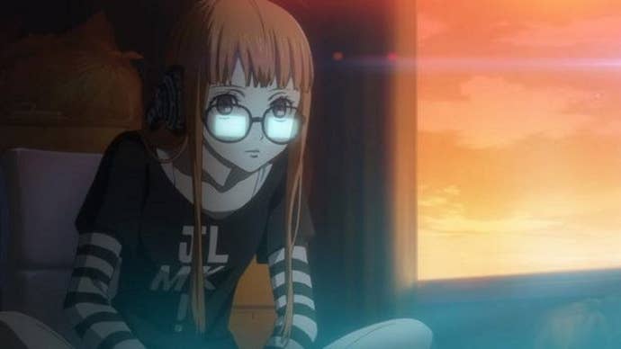 Persona 5 Royal Futaba Confidant: An anime girl with red hair, glasses, and a green shirt sits in a dark room with a computer screen reflected in her glasses