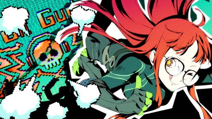 Persona 5 Royal Futaba Confidant: An anime girl with red hair and a green bodysuit is winking next to a pixelated skull