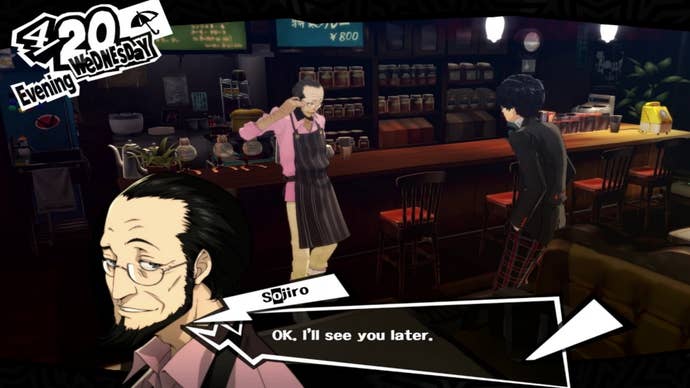 Persona 5 Royal Sojiro Confidant: An anime middle-aged man speaks with a high school student in a coffee shop