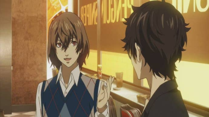 Persona 5 Royal Akechi Confidant: An anime young man wearing an argyle sweater stands in front of a lit window