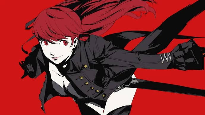 Persona 5 Royal Faith Confidant: An anime young woman with red hair and a black leotard holds a rapier against a red background