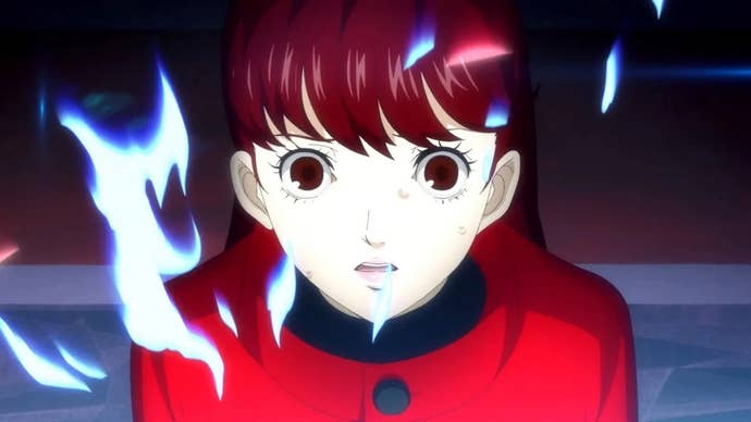Persona 5 Royal Faith Confidant: An anime young woman with red hair and a red coat looks at blue flames with a look of fear on her face