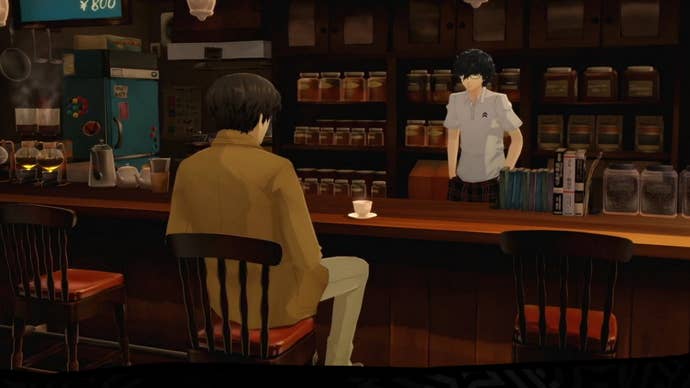 Persona 5 Royal Maruki Confidant: An anime man with brown hair and glasses is sitting at a coffee bar
