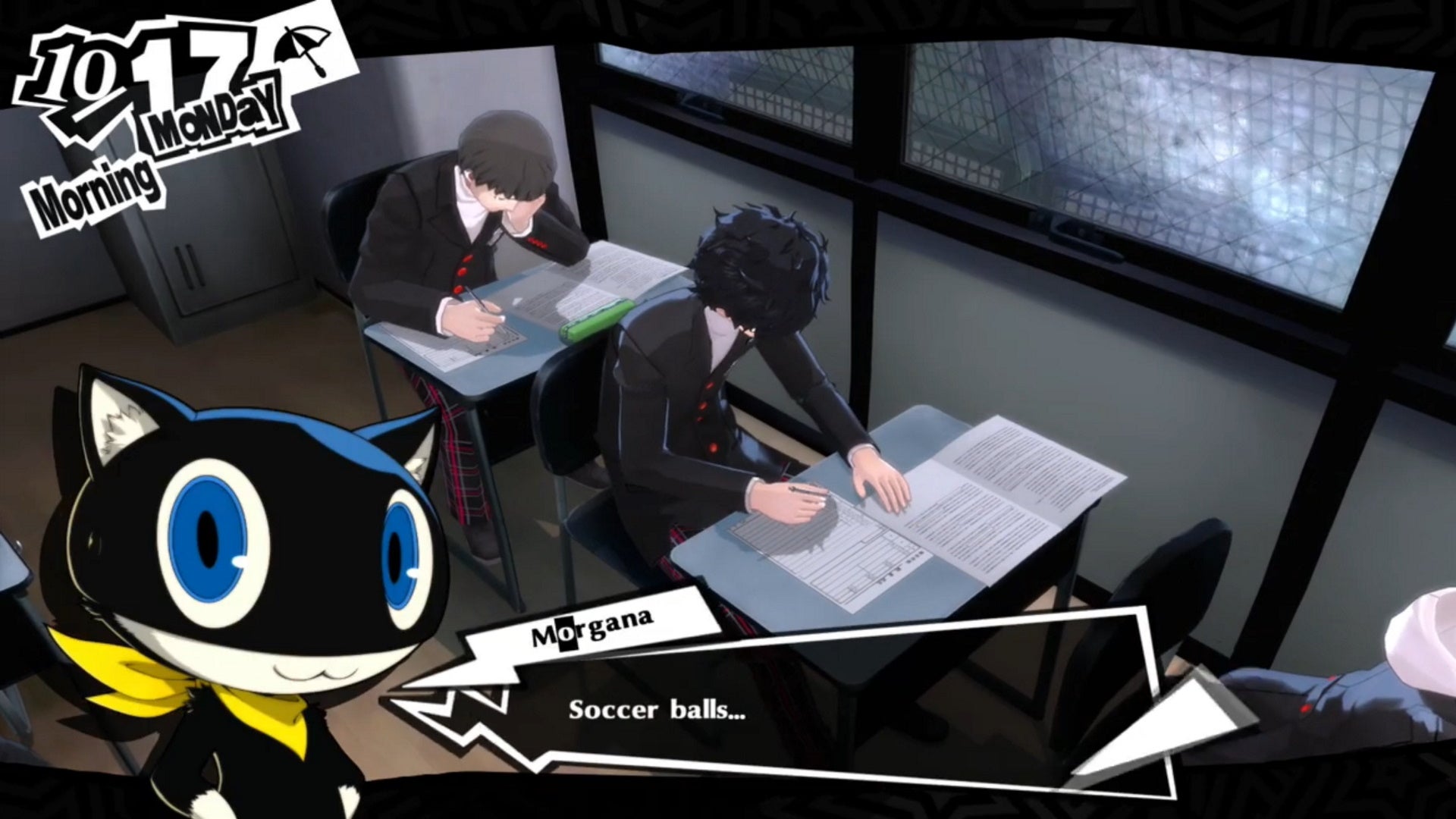 Persona 5 Royal classroom answers October: An anime cat is speaking with a human sitting at a school desk - 9