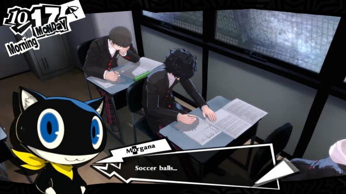 Persona 5 Royal classroom answers October: An anime cat is speaking with a human sitting at a school desk