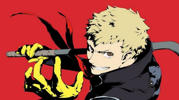 Persona 5 Royal Ryuji Confidant: An anime young man with blonde hair and yellow gloves holds a lead pipe against a red background