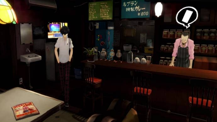 Persona 5 Royal Sojiro Confidant: An anime young man and middle-aged man stand together in a coffee shop