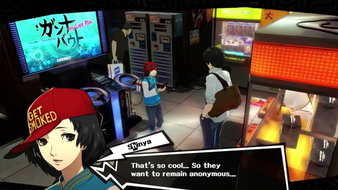 Persona 5 Royal Shinya Confidant: An anime boy in a red cap and blue jacket is standing in a video game arcade speaking to another teenager