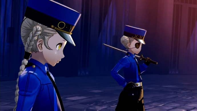 Persona 5 Royal Strength Confidant: Two anime girls in blue shirts and hats stand in a darkened room