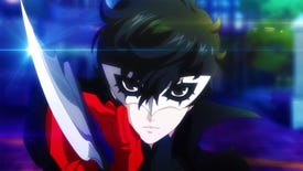 Close-up shot of Joker from Persona 5 Strikers holding a knife up to the camera