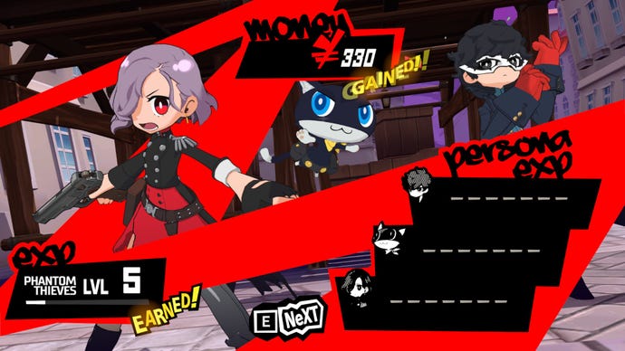A post-battle screen showing the party earning EXP in Persona 5 Tactica.